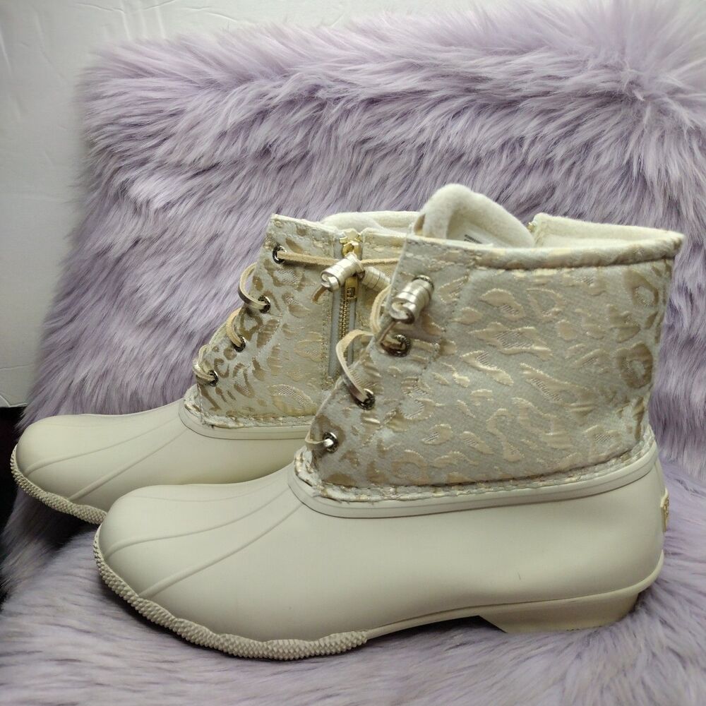 NEW Sperry Women's Saltwater Boots Duck Ivory Leopard Jacquard Size 12